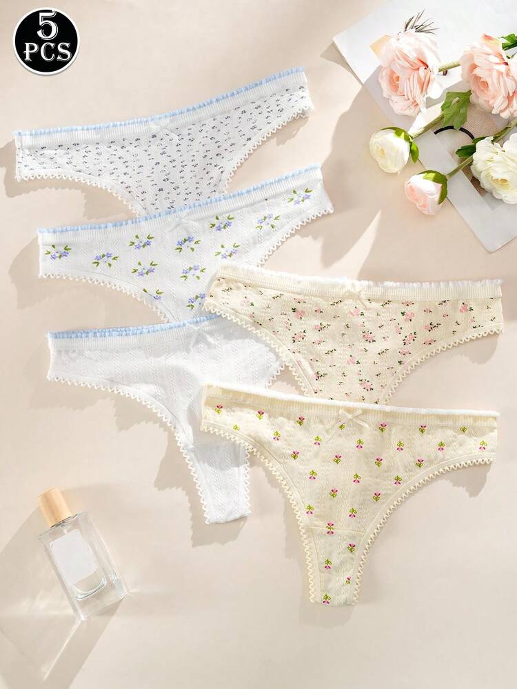 5pcs Women's Panties Set, Minimalist Cute Cotton Panties, Floral Hollow-Out Thong - Multicolor - View 1