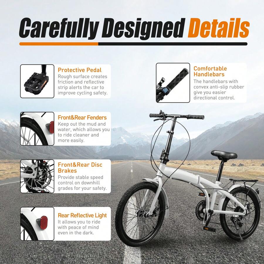 White+Black Folding Bike Foldable Bicycle With 7 Speed Gears 20-Inch Wheels Easy Folding City Bicycle With Disc Brake, Front And Rear Fenders For Traveling, Exercising, Commuting - Black and White - View 1