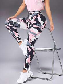 冬季单件女式大码时尚休闲高腰运动修身功能性骑行紧身裤印花长裤