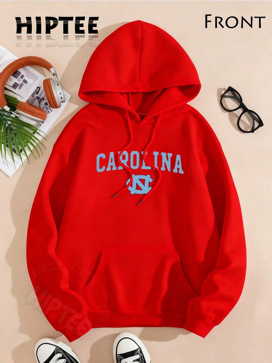 [Cotton Blend Hoodie] Vintage North Carolina Hooded Sweatshirt, Cozy Fall & Winter Style Long Sleeve Top, Retro Sportwear, Casual Logo Shirt-Unisex Wo - 紅色 - 查看 1
