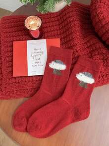 Set de șosete tricotate duble roșii 8/4/1 - model cu buline/dungi/copaci, șosete de damă, șosete confortabile cu guler rotund, cadou de sărbători - roșu - Vizualizare 5