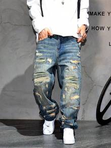 Calça Jeans de Perna Larga e Larga com Estilo Vintage de Streetwear Americano, Calça Jeans Reta Relaxada para Homens