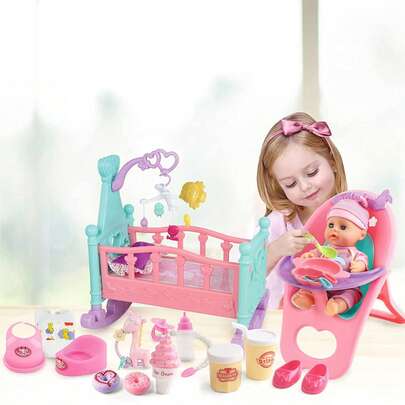 Doll Toy Set Doll Toy 15-Piece Toy Set Including Mini Crib, ,Mobile, High Chair, Feeding Accessories And Baby Doll Christmas Birthday Gift