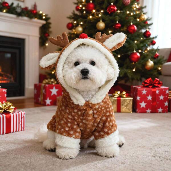 Veste de chien en fausse fourrure de renne avec capuche à bois de cerf et bordure blanche - Costume d'hiver douillet pour animal de compagnie Costume de Noël pour animal de compagnie