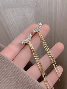 1 Pair Sparkling Star Tassel Earrings, Luxury Fully Paved Long Earrings For Women, Shiny Party & Evening Fairy Style Accessory