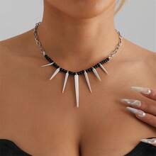 Vintage Hip Hop Spike Pendant Necklace - Fashion Alloy Gothic Rivet Beaded Chain, Bohemian Style Clavicle Choker For Party - 黑色 - 查看 3