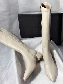 Giày bốt cao đến đùi cho nữ, giày bốt cao đến đầu gối, chất liệu da lộn co giãn, mũi nhọn, dáng ôm, kiểu dáng thu/đông mới - Màu be - Xem 2