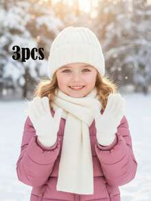 3pcs/Set Kids Knit Hat + Gloves + Scarf Set, Unisex Korean Style Warm Winter Accessory Set - 3 Pcs - View 4