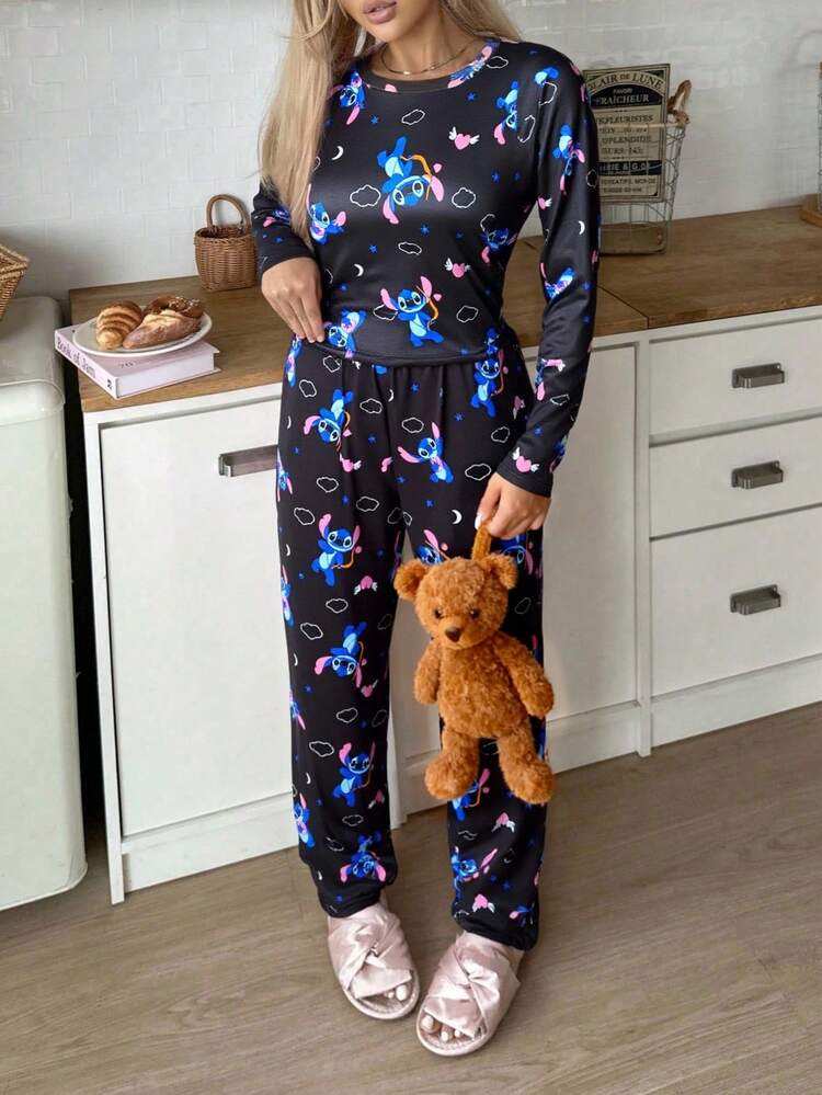 2pcs Stitch Print Women's Long T-Shirt And Pants Set, Cute Heart Stitch All-Over Print, Stretchy & Skin-Friendly, Casual Loungewear Suitable For Spring & Autumn - Black - View 6