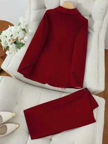 Solid Color Single Button Long Sleeve Single-Breasted Waistcoat Suit Pants Two-Piece Set - Màu Đỏ Sâu - Xem 2