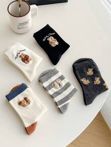 2/5双装女士黑白灰拼接袜，双层植绒泰迪熊条纹拼接设计，透气针织面料，休闲百搭可爱中筒袜，适合春夏情侣穿着，居家、通勤、约会、上学、节日送礼皆宜。 - 彩色 - 查看 8