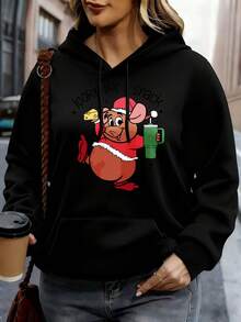 Disney Hoodie White Mickey Mouse Christmas Santa Design Lookin Like A Snack Print Casual Wear For Women Winter Holiday Outfit - 黑色 - 查看 1