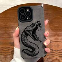Funda de Teléfono con Patrón de Cabeza de Serpiente Negra Vintage para iPhone 16ProMax/15Pro/14Plus/13/12/11ProMax, Resistente a Impactos, Diseño de Moda, Cubierta Protectora de TPU, Cuero Sintético - Colores mixtos - Ver 1