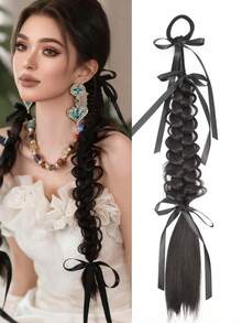 1pc 20-Inch Hand-Woven Fishtail Ponytail With Ribbon, Suitable For Everyday Wear By Women. - Multicolor - View 7