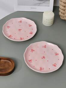Cabin Kangaroo Platos de cerámica rosa con diseño de lazo rojo y puntos - Platos de cena de borde irregular adorables, perfectos para postres, aperitivos y decoración de cocina kawaii - Multicolor - Ver 6