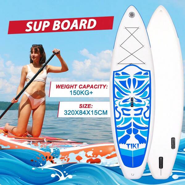 320*84*15cm White - Blue Totem Inflatable Paddle Board | 150KG+ Capacity, AU Summer Beach Adventure/Lake Paddling Gear