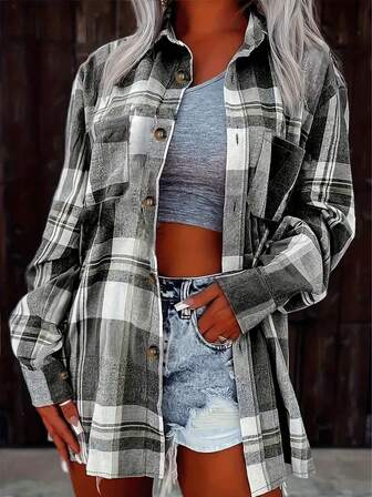 Camisa casual de manga larga con botones a cuadros en blanco y negro, camisa de manga larga con bolsillo y botones a cuadros, para uso diario