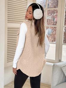 Chaleco sin mangas minimalista para mujer, con cuello de piel sintética cálida de color caqui, nuevo para otoño/invierno, de corte holgado, largo medio y abrigo aislante, ideal para combinar con tops de manga larga y leggings. - Albaricoque - Ver 6