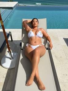 Set bikini tanga cu legături și spate fără bretele, mărime plus, costum de baie elegant și sexy cu model de stele de mare, material de înaltă elasticitate - alb - Vizualizare 12