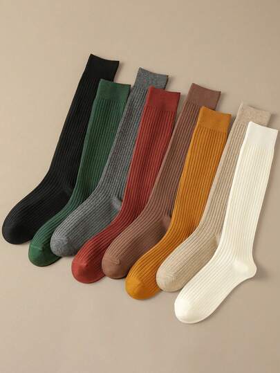 3 Pairs Women's Solid Color Vertical Striped Simple JK Style Knee-High Socks