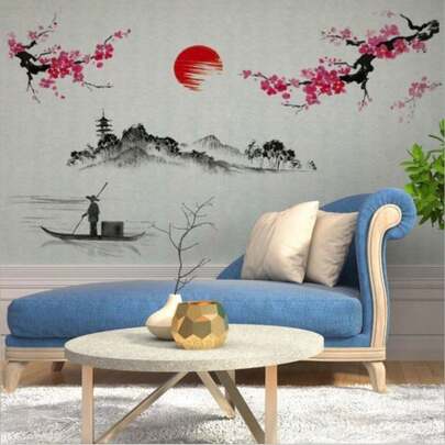 Plum Sunrise Landscape Chinese Style Art Wall Stickers Living Room Bedroom Background For Home Decoration Mural Decals Wallpaper