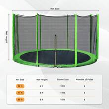 Trampoline Replacement Net For 10FT/12FT/14FT/15FT 6/8 Straight Poles Round Frame Trampolines, Safety Enclosure Net With Zipper, Hooks, Pole Cover, Green - Green - View 2