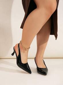 Wide Fit Black Patent Stiletto Heel Backstrap Pumps, Suitable For Everyday, Banquet, Party, Black Fashion Plus Size High Heels For Women,Kitten Heels - Black - View 4