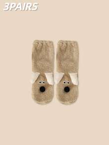 1/2/3双装冬季蓬松保暖袜，防寒加厚，可爱卡通小狗图案，舒适中筒袜，居家地板袜，带保暖内衬