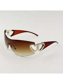 Y2K One-Piece With Heart-Shaped Decorative Frame And Wrap-Around Lenses For Women's Fashionable Eye Protection - 金紫粉紅 - 查看 9