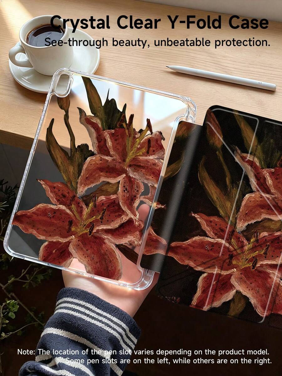 Ayotu 防震基础款平板电脑保护套，百合花油画图案，兼容iPad，超薄防摔平板电脑外壳，3+Y折叠智能支架设计，自动休眠/唤醒，兼容iPad 9.7/10.2/10.9/11/12.9英寸，第十代，Air 4/5，Air 11，兼容三星Galaxy Tab和Kindle，春季粉彩礼品