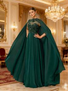 DELLA COUTURE Green Extra Long Cloak Sleeve Slim Chiffon Evening Gowns Unique Beaded Sequins Decoration Design Floor Length Dresses For Dinner Prom Party Formal Occasion Dresses Cocktail Party Long Dress - Green - View 3