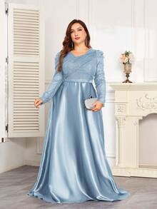 hezixi High-Quality Stretchy Sequin V-Neck Puff Sleeve Fitted Mermaid Hem Design, Plus Size Solid Color Elegant Luxury Maxi Dress, Makes Women Look More Youthful And Charming, Suitable For Various Parties, Graduations, Weddings, Events, Banquets And Balls, Women's Formal Ball Gown (Deluxe Edition) - Baby Blue - View 2