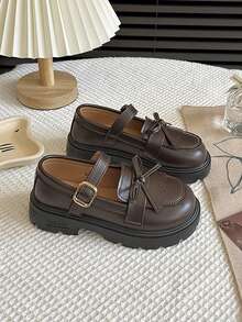 Girls Mary Jane Dress Shoes Bow Strap Thick Sole School Uniform Flats For Daily Wear - màu nâu - Xem 4