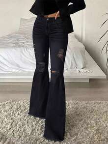 Women's Mid-Raise Stretch Slim Fit Ripped Raw Hem Flared Jeans - Black - View 3