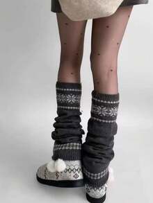 1 Pair Multicolor Korean Style Fair Isle Knit Leg Warmers For Women, Thick Knit Snowflake Design, Slimming & Warm, Grey, Cozy - Multicolor - View 7