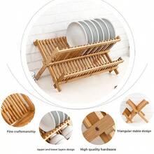 Bamboo Dish Drainer Folding 2Tiers Plate Mug Rack Stand Holder Kitchen Tidy Rack - Brown - View 3