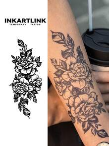 INKARTLINK 革命性技术纹身，半永久纹身，深玫瑰色，自然元素，临时纹身，上色后防水，逼真纹身效果，植物纹身 - 黑色 - 查看 1