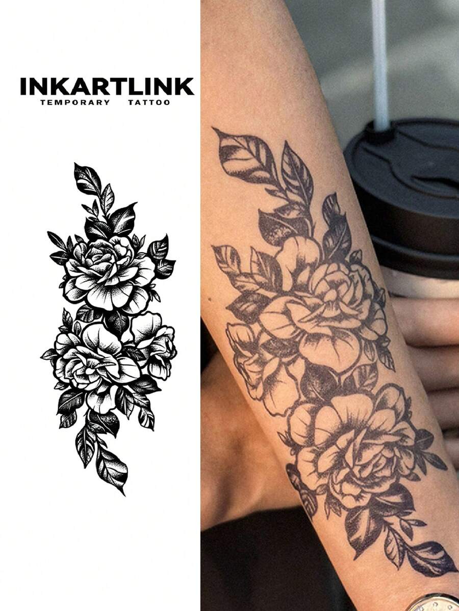 INKARTLINK 革命性技术纹身,半永久纹身,深玫瑰色,自然元素,临时纹身,上色后防水,逼真纹身效果,植物纹身 - 黑色 - 查看 1