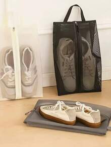 可折叠透气网眼鞋袋 - 透明视觉设计，耐用涤纶大容量鞋袋，适用于健身、旅行、海滩以及化妆品和洗漱用品收纳 - 米色/黑色 - 彩色 - 查看 2