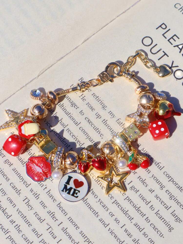 1pc Star Girl Dice Charm Bracelet, 1pc Dark Gothic Cherry Demon Head Bracelet, 1pc Self Love Slogan Bracelet, 1pc Red Lips Y2K DIY Adjustable Bracelet - Gold - View 2