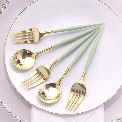 24 Pack Metallic Gold Sage Green Premium Plastic Fork Spoon Utensil Set, Modern Heavy Duty Disposable Silverware - 6