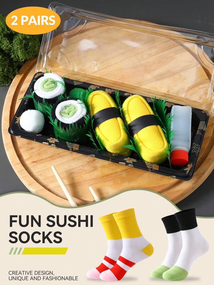 CREATOR SOCKS 2双装新颖彩色寿司和三文鱼图案中筒袜礼盒装，2025秋冬新款男女通用运动袜，创意美食灵感设计，针织面料，加长加厚，柔软舒适，是复活节、生日、感恩节、万圣节、圣诞节、狂欢节、情人节、家庭聚会、派对的完美礼物