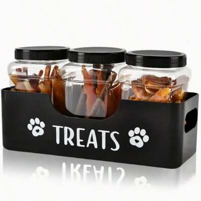Pet Treat Storage Box Set - 3 Airtight Plastic Containers, Durable Country Style Cat And Dog Food Organizers, Black