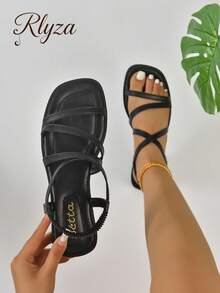 2 向穿透明休闲时尚百搭皮革外观平底凉鞋，带后带，适合女士，夏季