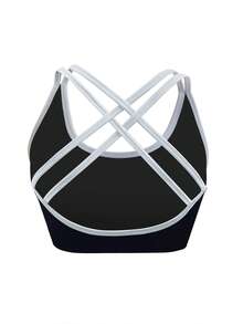 Sodalemon Women Elastic Cross Back Gym Bra Fitness Casual Outdoor Contrast Color Training Athletic Wear Running Yoga Top Seamless Round Neck Sport Bra - Black - View 4