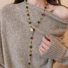 Retro Caramel Tiger's Eye Beaded Long Sweater Chain, Luxury High-End Elegant High-Grade Autumn And Winter Accessory Necklace For Women - 咖色 - 查看 3
