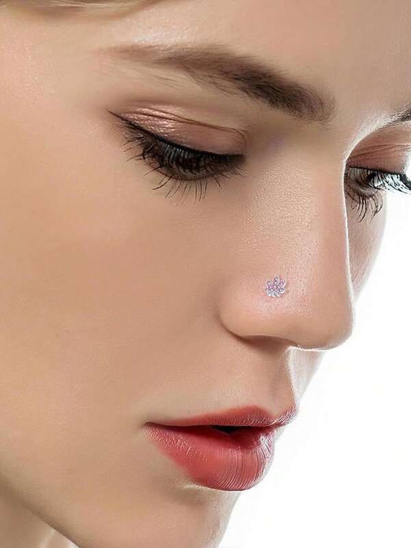 1 Pc Compact Fashionable European And American Style Stainless Steel Maple Leaf Set With Pink White Zirconia Silver Nose Ring Jewelry Is Suitable For Women To Wear On Various Occasions Such As Daily Parties And Gatherings.
