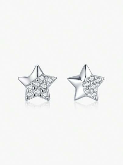  MODIAN 925 Sterling Silver Asymmetrical Mirror Star Stud Earrings, Shiny Everyday Wear Elegant Jewelry, For Women