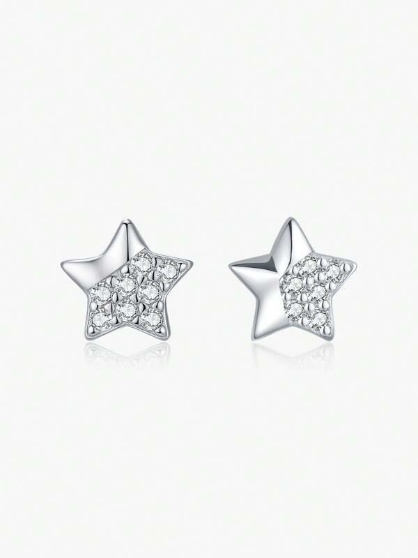  MODIAN 925 Sterling Silver Asymmetrical Mirror Star Stud Earrings, Shiny Everyday Wear Elegant Jewelry, For Women