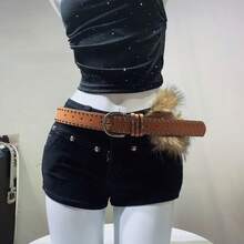 1pc PU Leather Rivet Fleece-Lined Perforated Belt: Punk Street Style Y2K Aesthetic Cool Women's Waist Strap - Pairs With Dresses, Casual Pants & Jeans - A款棕色 - 查看 13